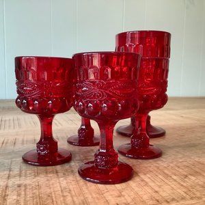Set of Ruby Red Glass Goblet & 4 Cordial Glasses